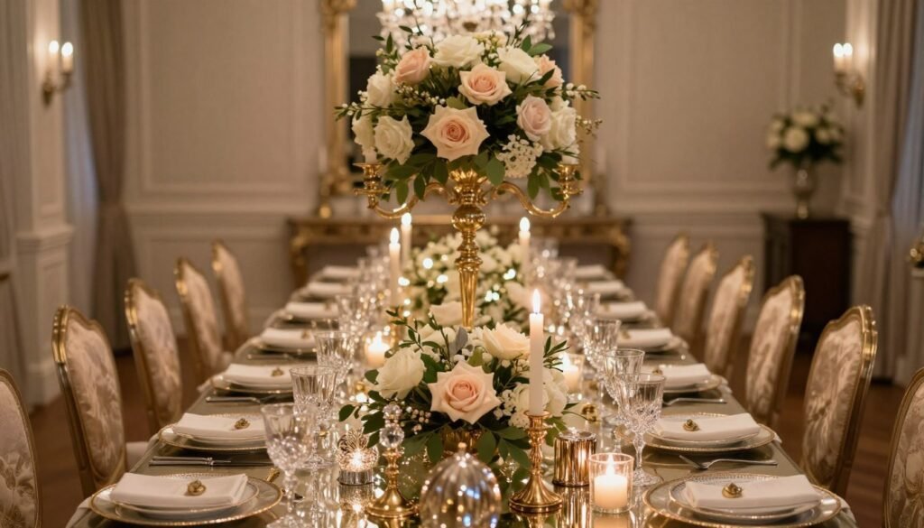 Elegant long dining table with glamorous centerpiece featuring tall candelabras, abundant flowers, and metallic accents