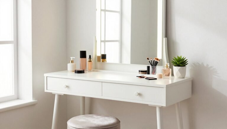 Elegant makeup vanity with mirror, organized makeup products, and comfortable stool