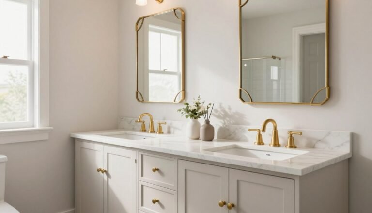 Elegant master bathroom with double sink vanity, marble countertop, and decorative mirrors