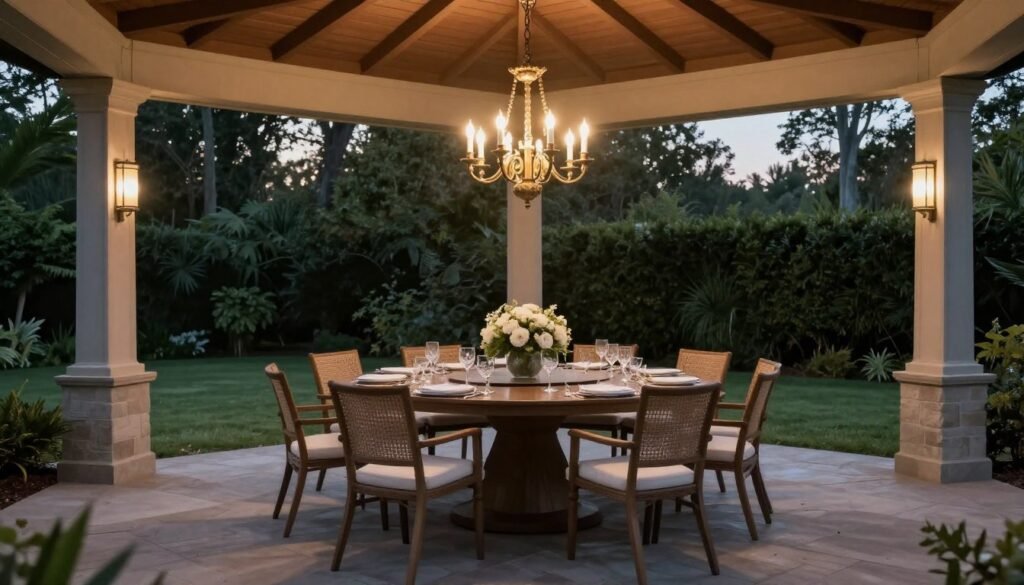 Elegant outdoor dining area under a backyard pavilion