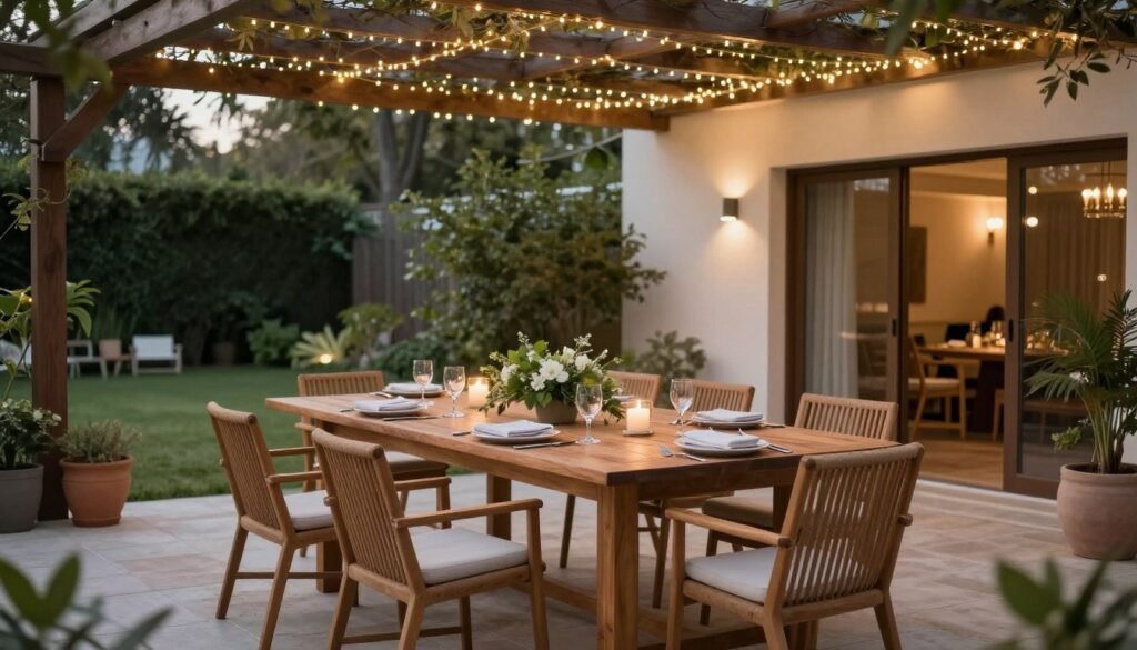 Elegant outdoor dining area with a large table, comfortable chairs, and overhead pergola with string lights
