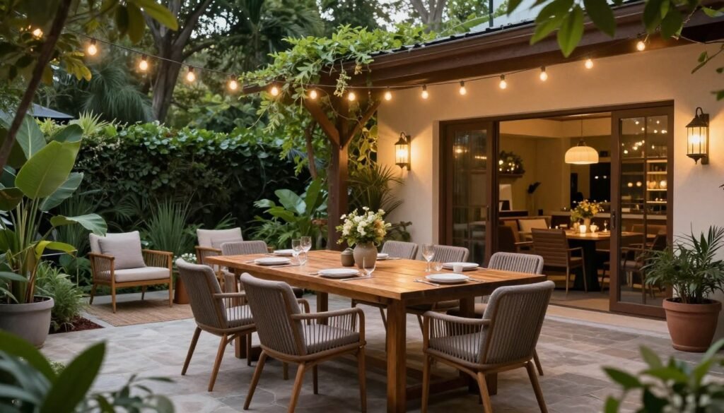 Elegant outdoor dining area with wooden table, string lights overhead, and lush greenery surrounding the space