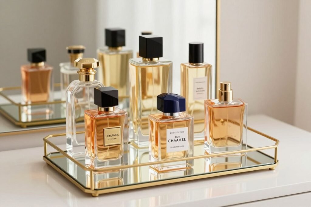 Elegant perfume bottle display on a decorative vanity tray