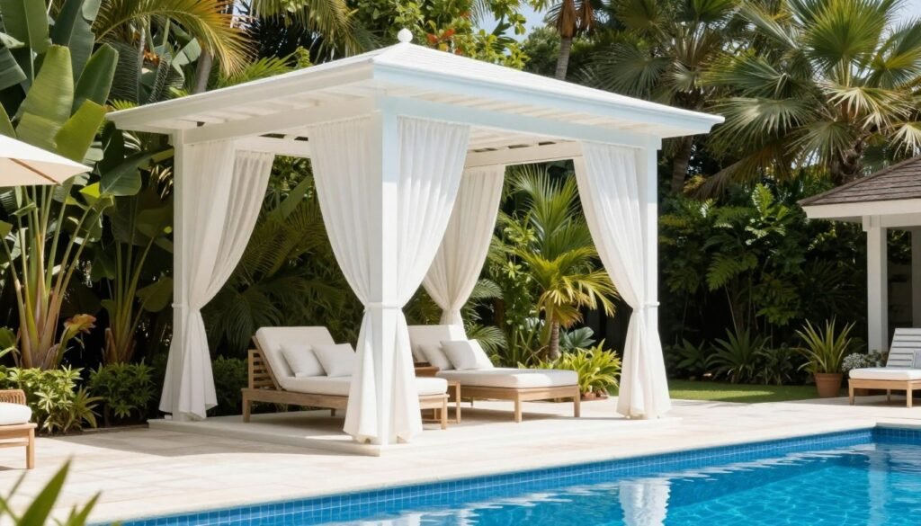 Elegant poolside gazebo with white curtains and comfortable lounge furniture beside a swimming pool