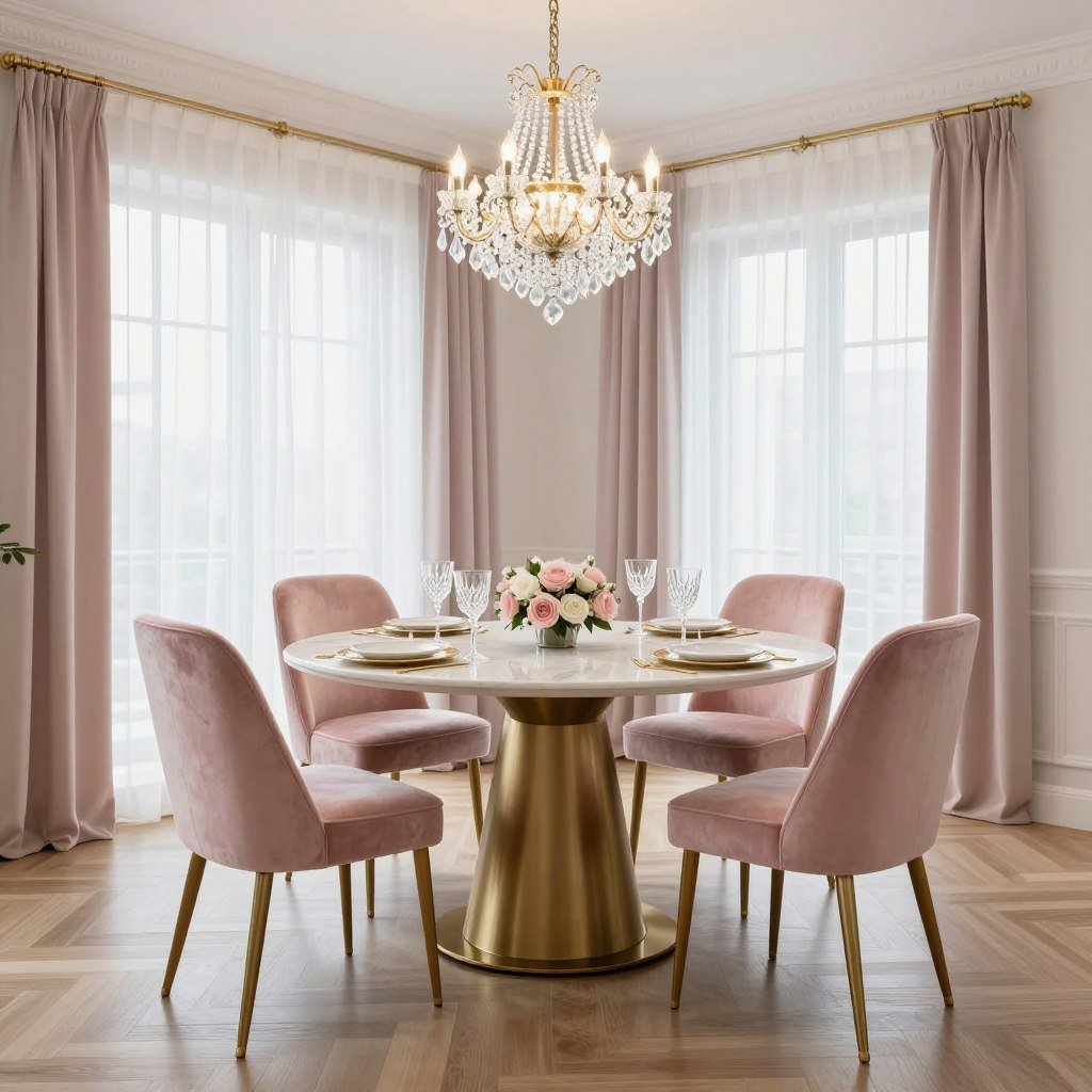 Elegant round dining table with a marble top and brass pedestal base, surrounded by velvet upholstered chairs in a bright dining space with a crystal chandelier overhead Elegant round dining table with a marble top and brass pedestal base, surrounded by velvet upholstered chairs in a bright dining space with a crystal chandelier overhead