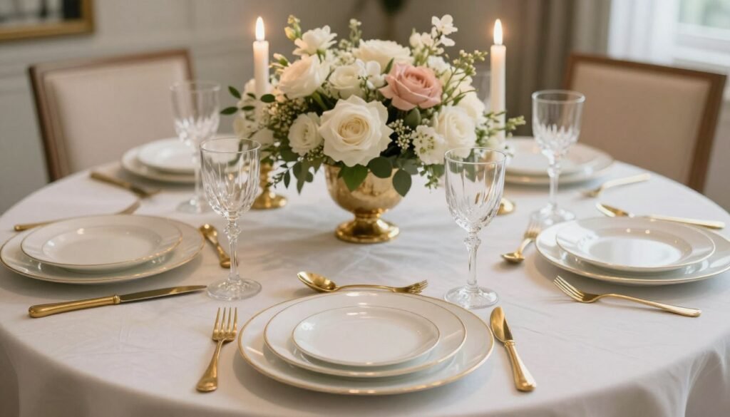 Elegant tablescape with gold flatware, crystal glasses, and floral centerpiece