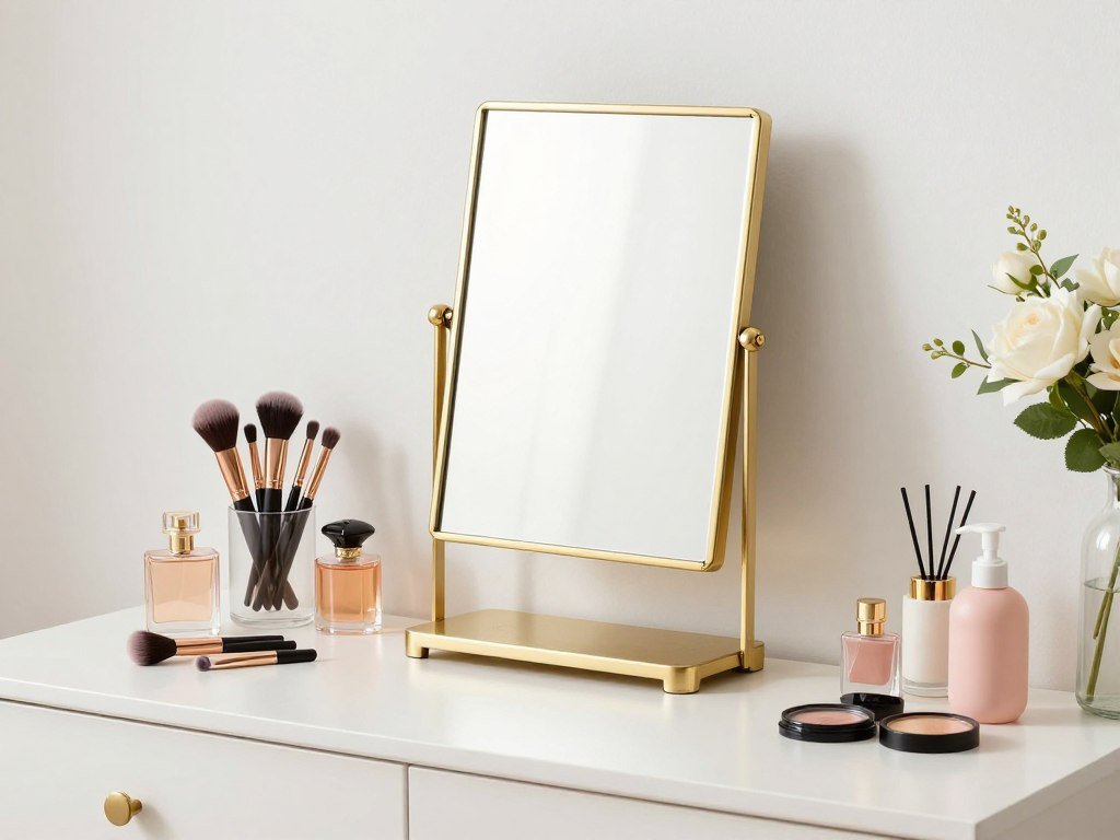 Elegant tabletop vanity mirror with a gold frame and stand on a white vanity table with makeup products