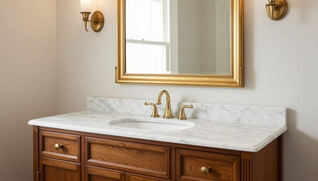Elegant traditional bathroom vanity with marble countertop, ornate mirror, and classic sconces