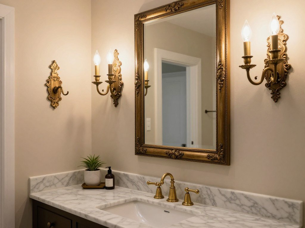 Elegant traditional bathroom with ornate sconces and candelabra-style vanity lighting