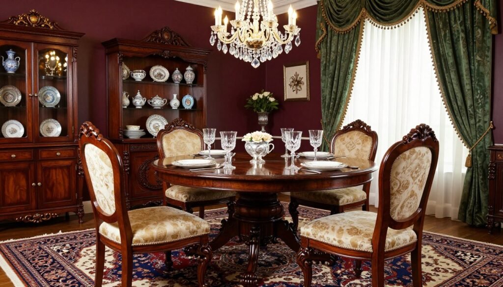 Elegant traditional dining room with a formal table, upholstered chairs, and classic decor elements