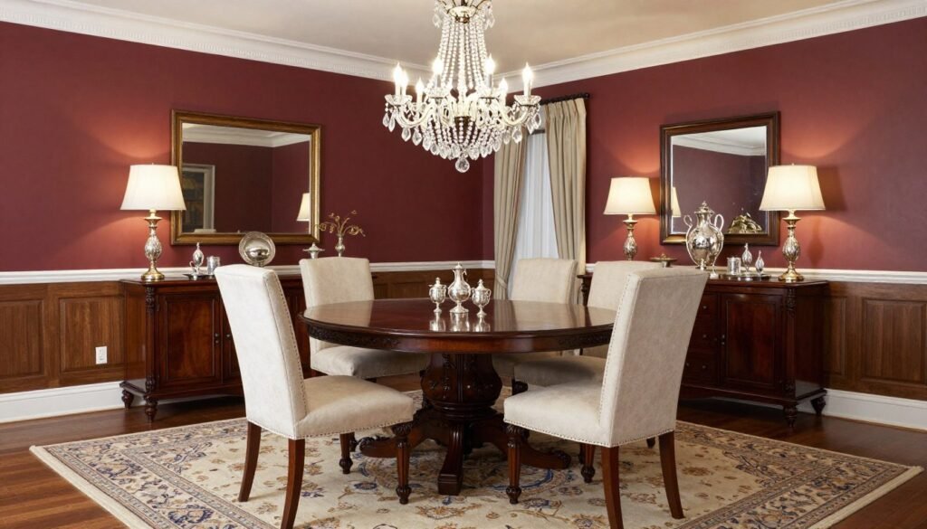 Elegant traditional dining room with crystal chandelier, dark wood table, and upholstered chairs