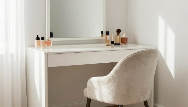 Elegant vanity chair in a beautifully styled dressing area with natural light