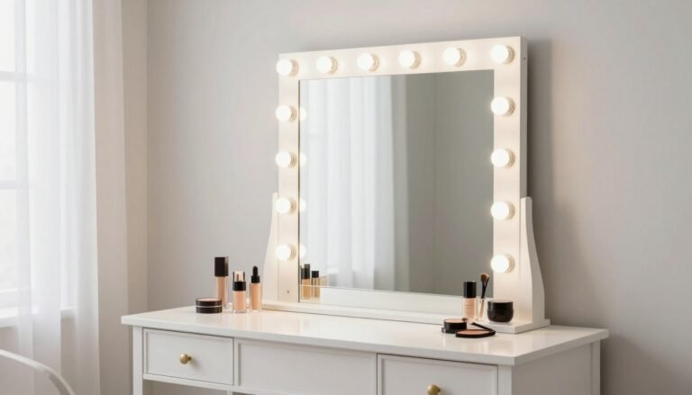 Elegant vanity mirror with lights on a white dressing table with makeup products arranged neatly