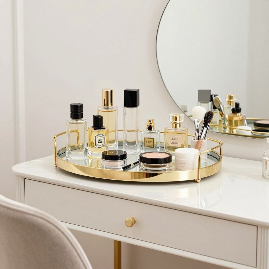 Elegant vanity tray with organized beauty products and accessories