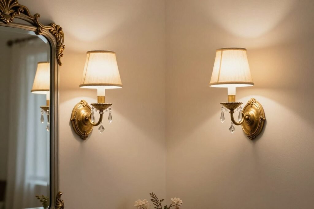Elegant vintage-style wall sconces flanking a vanity mirror providing perfect lighting for vintage vanity aesthetic