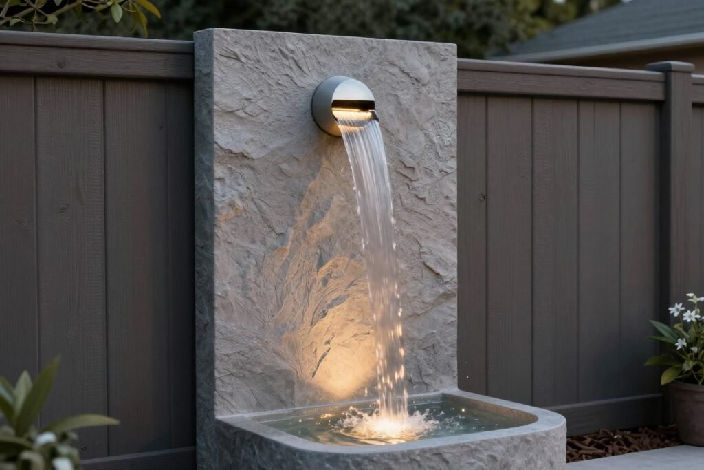 Elegant wall fountain mounted on a backyard fence creating vertical interest and soothing sounds