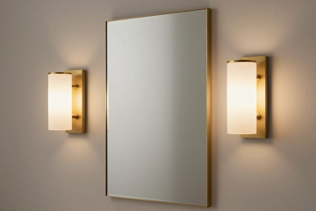 Elegant wall sconces mounted on either side of a vanity mirror