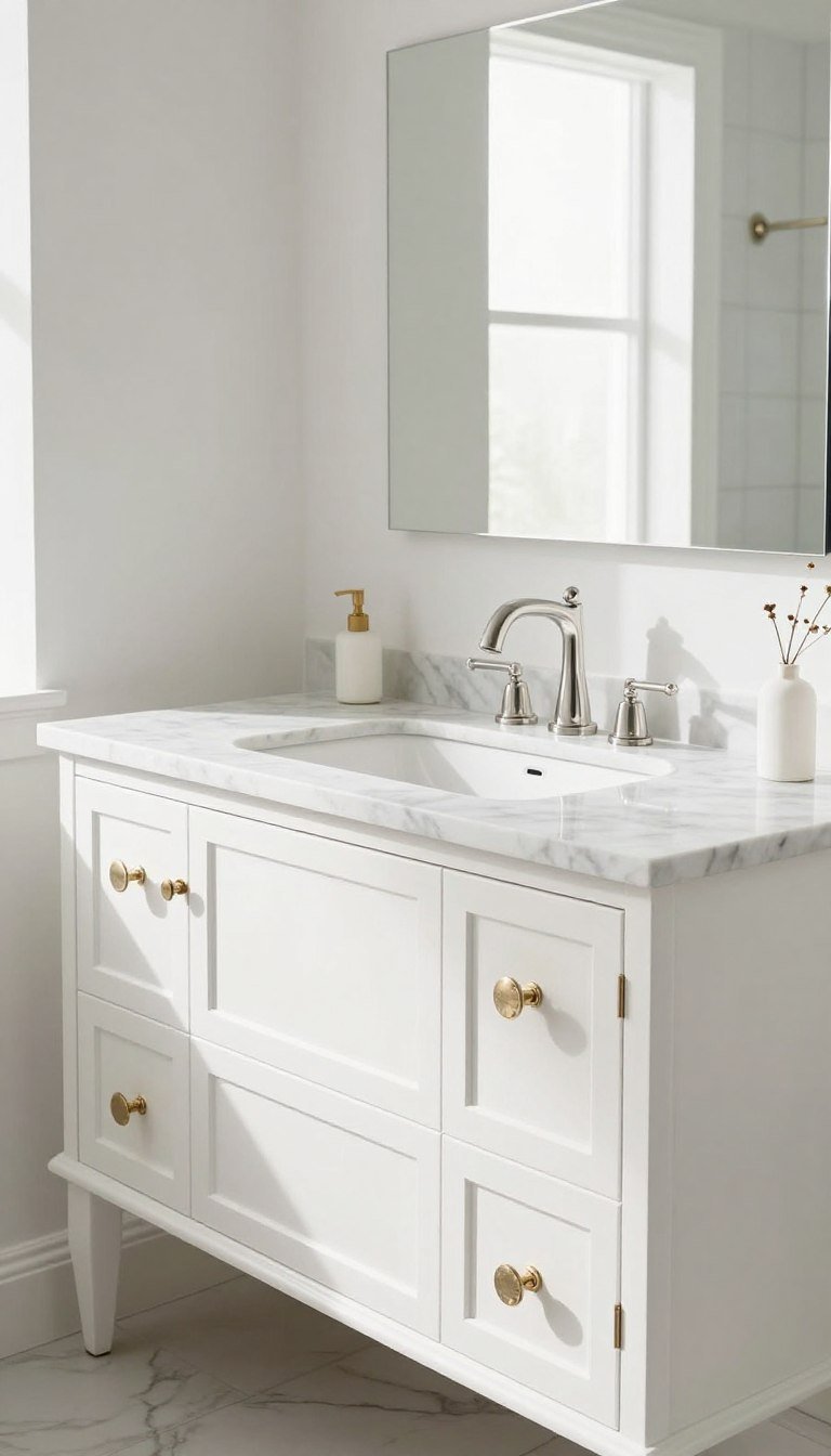 Elegant white bathroom vanity with marble countertop, undermount sink, and decorative hardware in a bright, modern bathroom