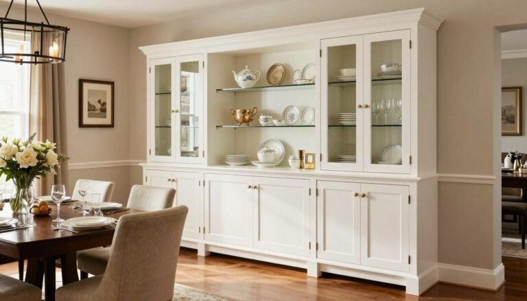 Elegant white built in buffet dining room with glass cabinet doors displaying fine china and decorative items