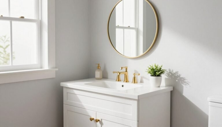 Elegant white corner vanity in a bright bathroom with gold fixtures and decorative plants