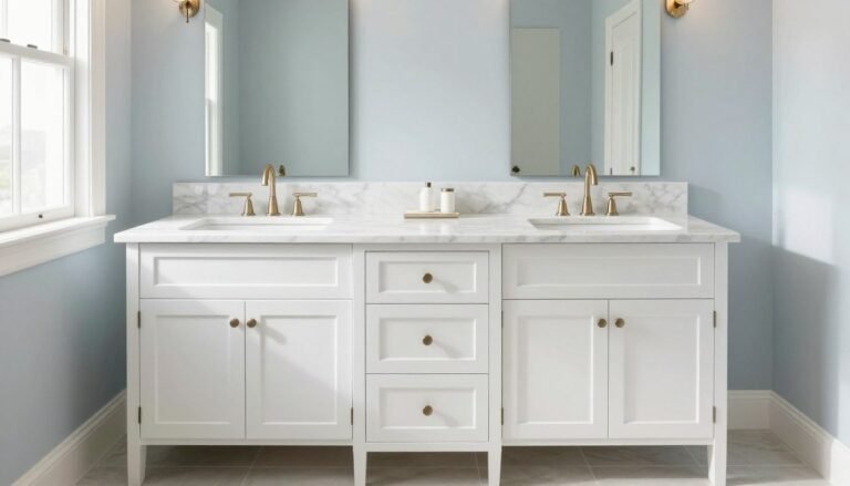 Elegant white double vanity with center tower in a spacious master bathroom with marble countertops