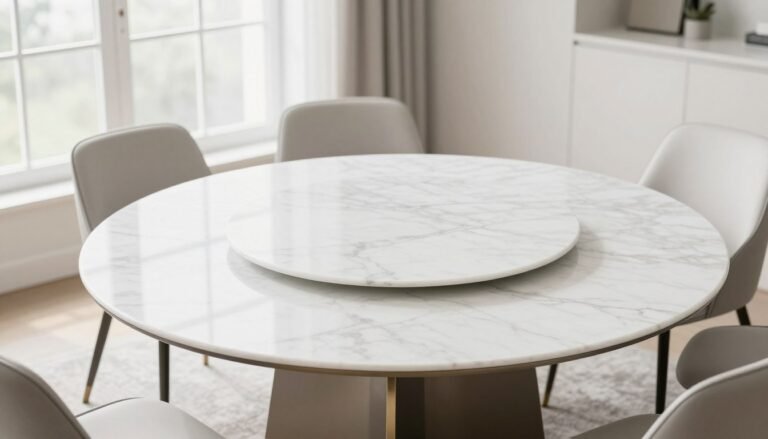 Elegant white marble dining table in a modern dining room with natural light