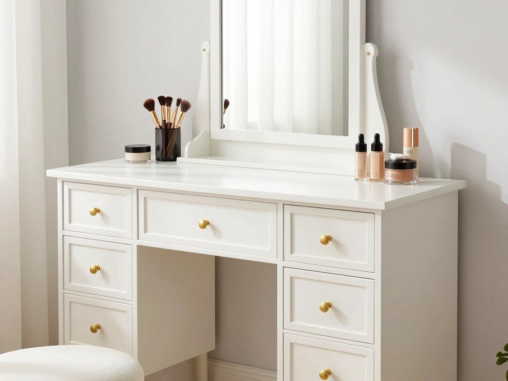 Elegant white vanity table with drawers and organized makeup products Elegant white vanity table with drawers and organized makeup products
