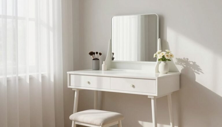 Elegant white vanity table with mirror and organized makeup accessories in a bright, airy bedroom