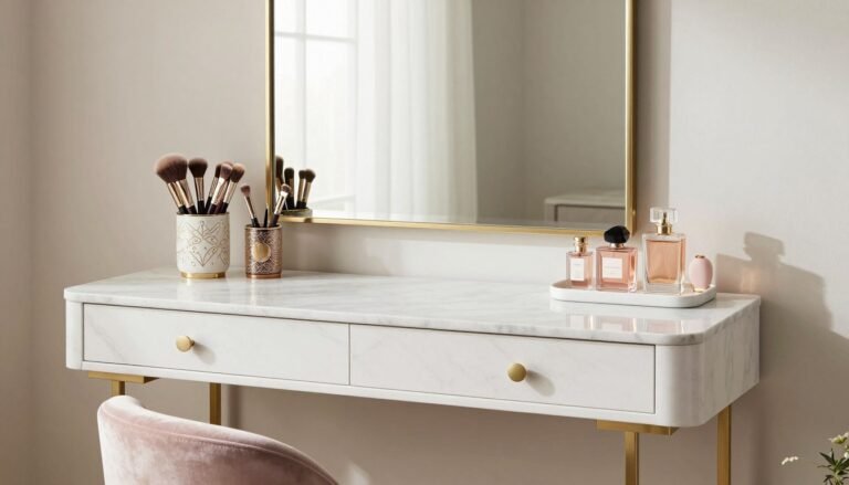 Elegantly styled vanity with decorative elements including a mirror, perfume bottles, and makeup organizers