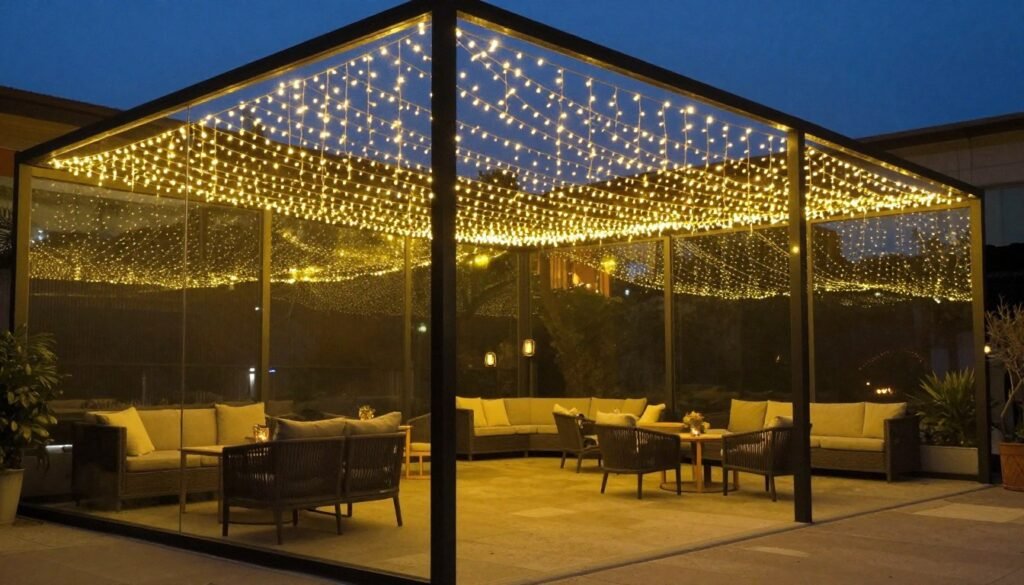 Enclosed patio with a canopy of string lights creating a magical evening atmosphere Enclosed patio with a canopy of string lights creating a magical evening atmosphere