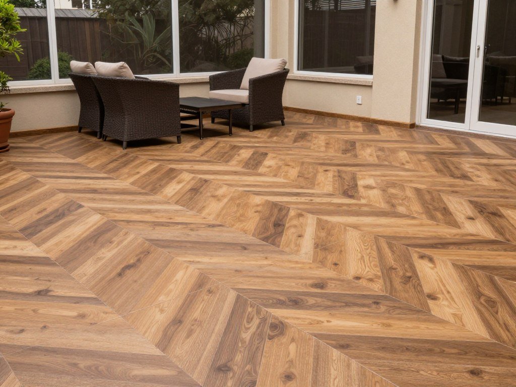 Enclosed patio with beautiful weather-resistant tile flooring in a geometric pattern Enclosed patio with beautiful weather-resistant tile flooring in a geometric pattern