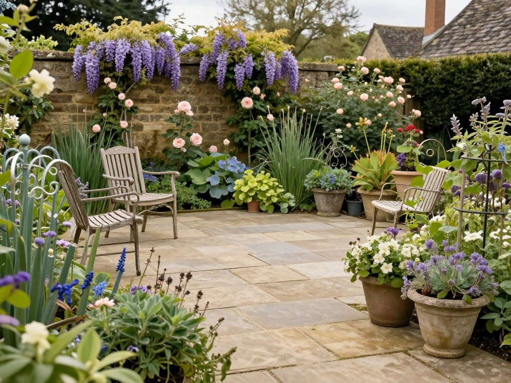English garden stone patio with lush plantings and traditional furniture