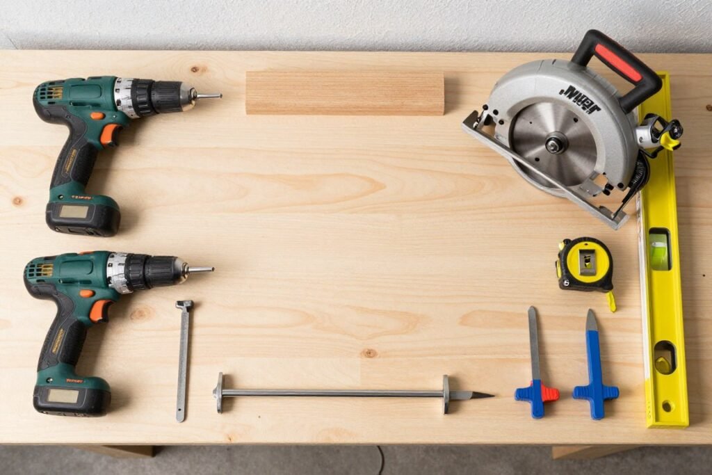 Essential tools laid out for DIY bathroom vanity project including drill, saw, and measuring tools