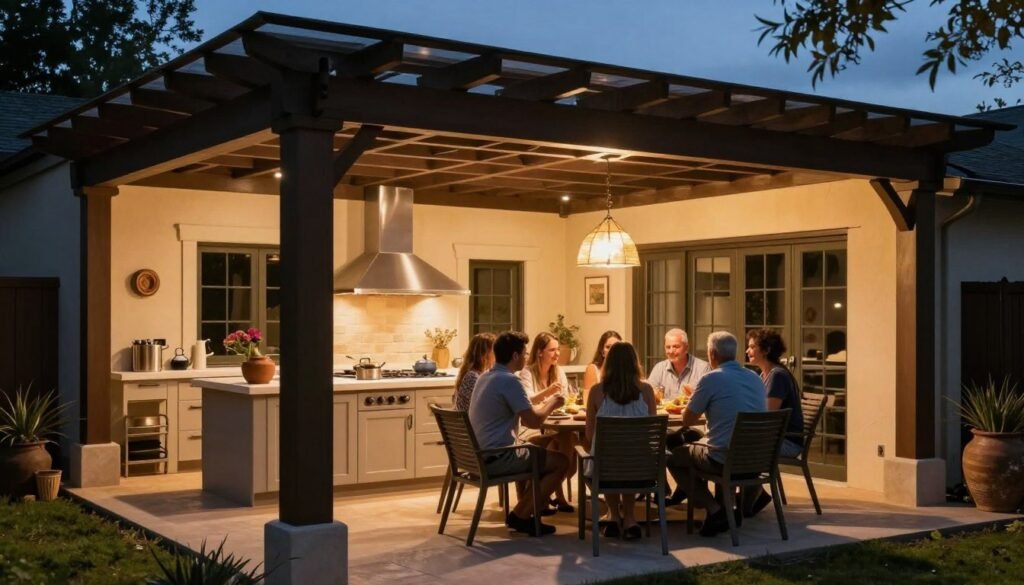 Evening gathering in a beautifully designed outdoor kitchen under a dark pergola with friends enjoying a meal