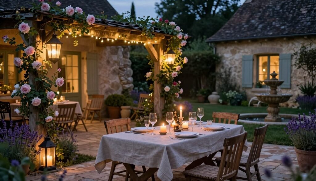 Evening scene in a French country backyard with soft lighting and dining setup