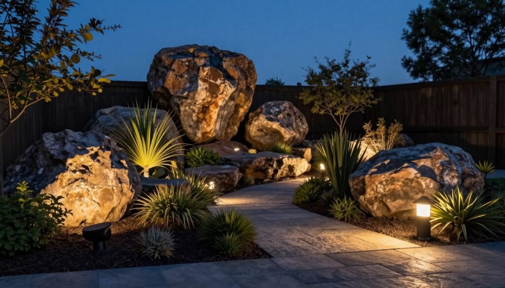 Evening view of a front yard rock garden with strategic lighting highlighting boulders, pathways, and architectural plants