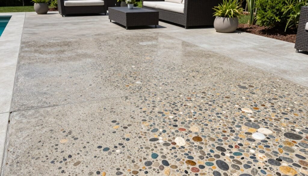 Exposed aggregate concrete patio showing colorful stone and pebble mixture with polished finish