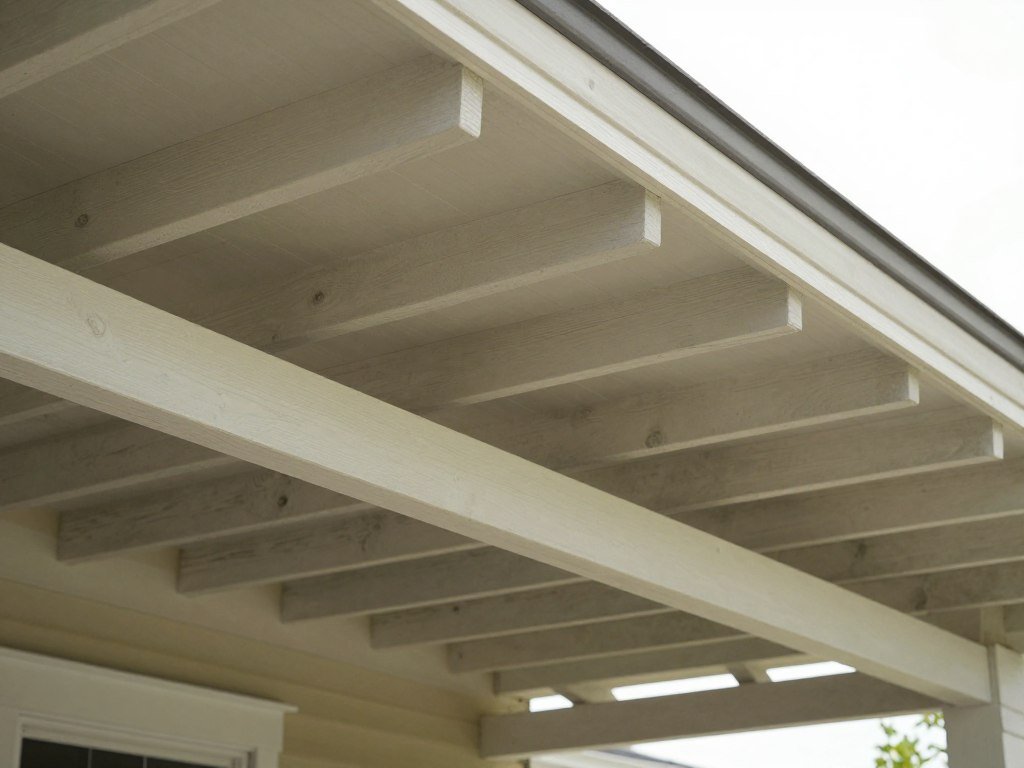 Exposed beams and rafters on covered patio
