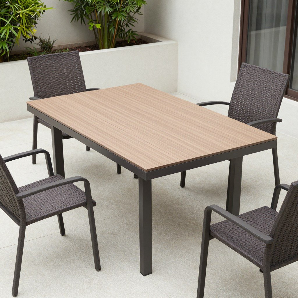 Extendable outdoor dining table shown in both positions