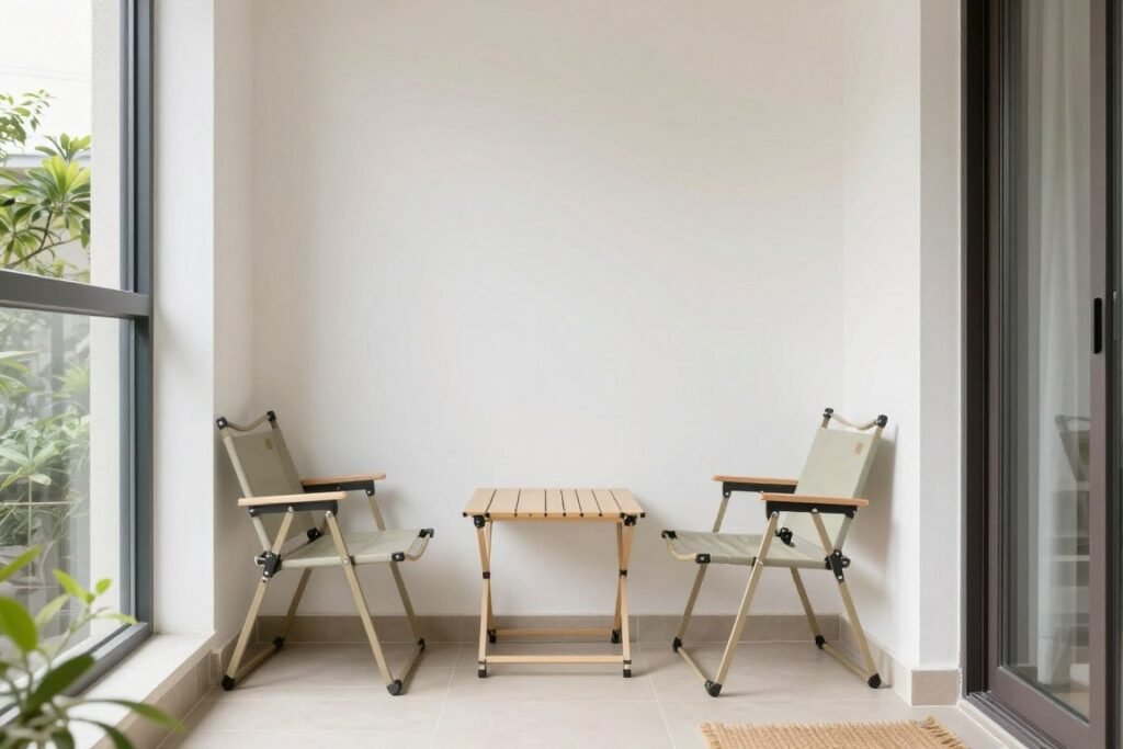 Extremely small apartment patio with clever space-saving solutions including folding furniture, vertical elements, and multi-purpose pieces