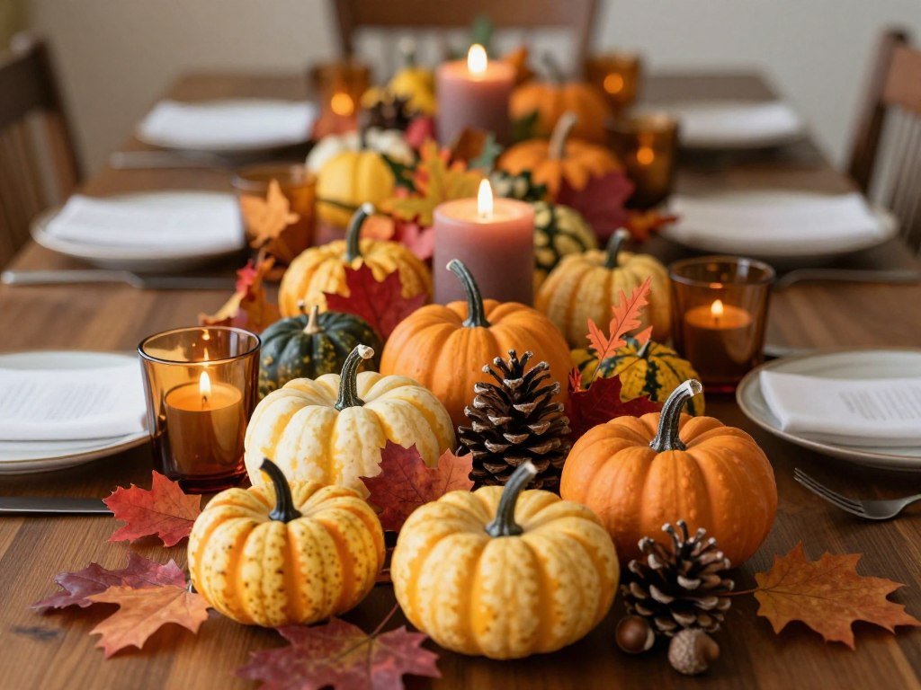 Fall centerpiece for long dining table with pumpkins, candles, and autumn foliage