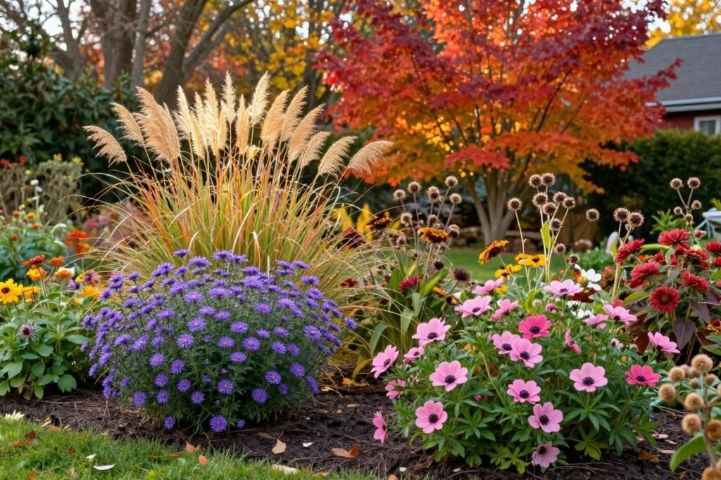 Fall cottage garden with late-blooming flowers, ornamental grasses, and autumn foliage