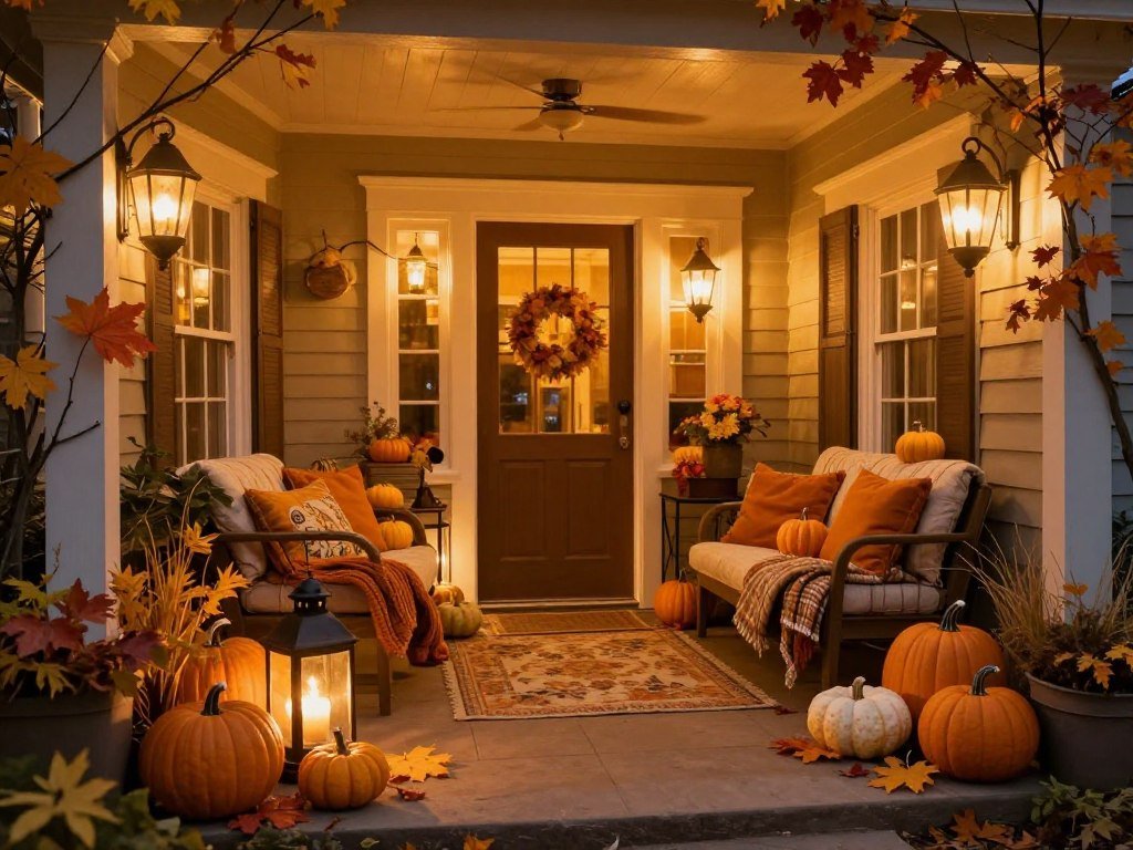 Fall patio with warm amber lights and lanterns