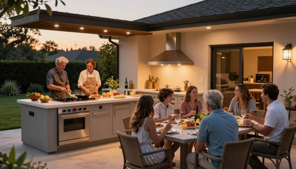 Family and friends enjoying a meal in a beautifully designed backyard kitchen at sunset