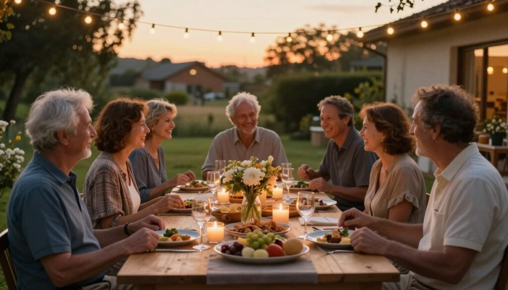 Family and friends enjoying dinner at a beautifully set outdoor dining table at sunset