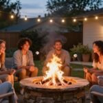 Family and friends gathered around a backyard fire pit at dusk with string lights overhead