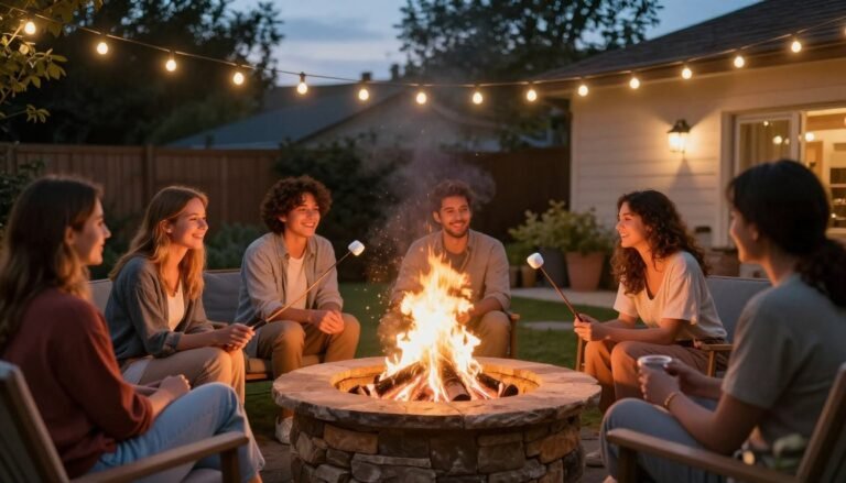 Family and friends gathered around a backyard fire pit at dusk with string lights overhead