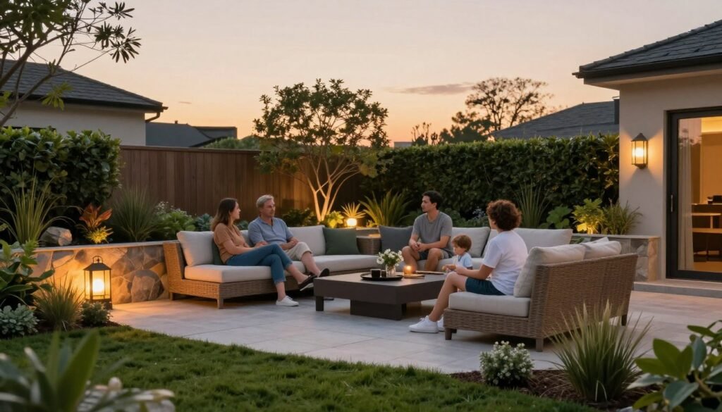 Family enjoying a beautifully designed backyard landscape at sunset