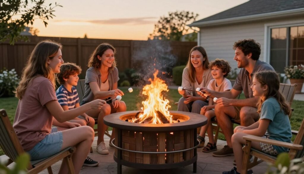Family enjoying a completed DIY backyard fire pit at sunset, roasting marshmallows and enjoying time together