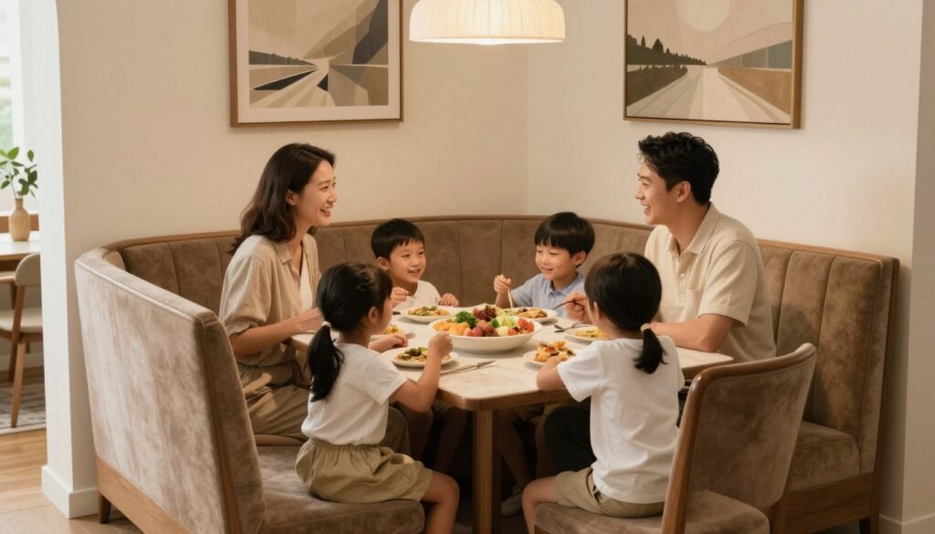 Family enjoying a meal at a dining table with a comfortable banquette bench